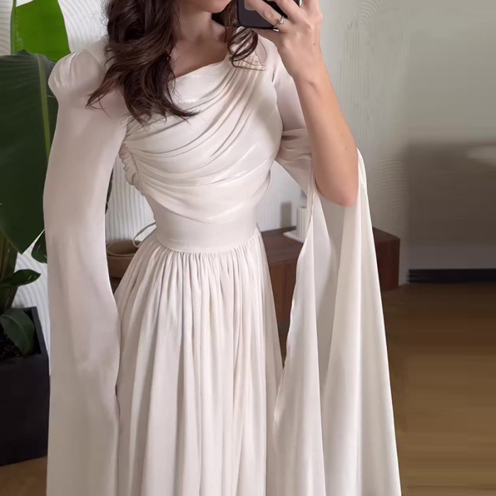 Autumn New Women Chic Banquet Long Dress Elegant High Waist Chiffon Dress Fashion Flare Sleeve Solid Color Pleated Evening Dress