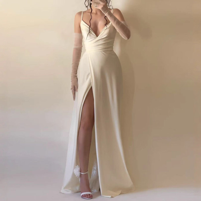 Summer Fashion Hight Waist Solid Long Dress Women Sexy Sleeveless Backless Gowns Dress Elegant Deep V-neck Split Suspender Dress