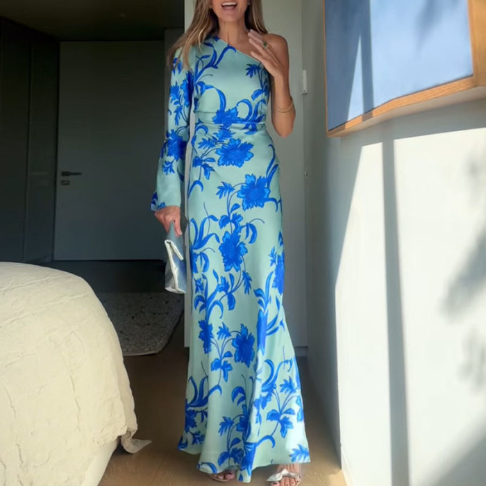 Fashion High Waisted Hollow Bohe Dress Elegant Blue Floral Print Draped Women Dress Sexy Slanted Neck Long Sleeve Holiday Dress