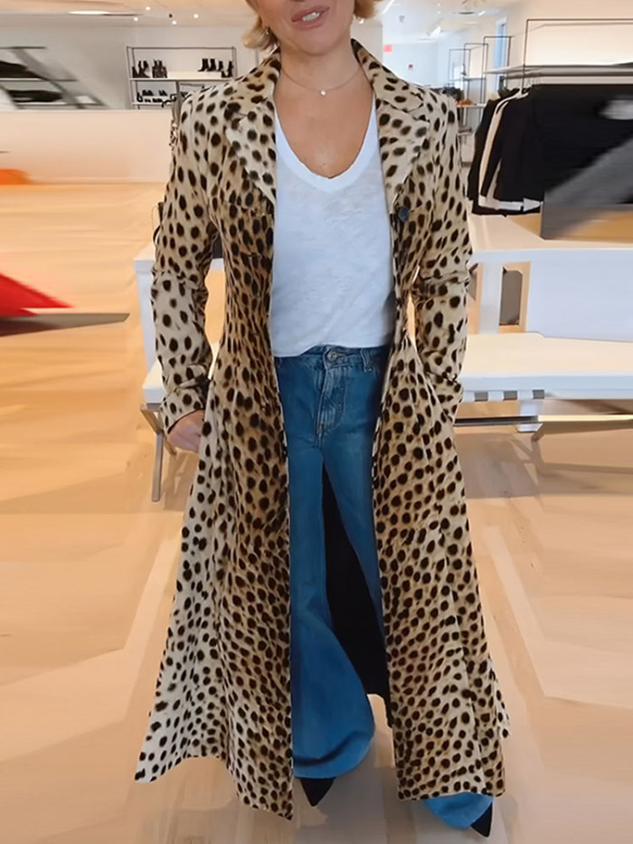 Autumn Winter Casual Loose Windbreaker Fashion Leopard Print Loose Long Jacket Women Elegant Lapel Long Sleeve Outercoats