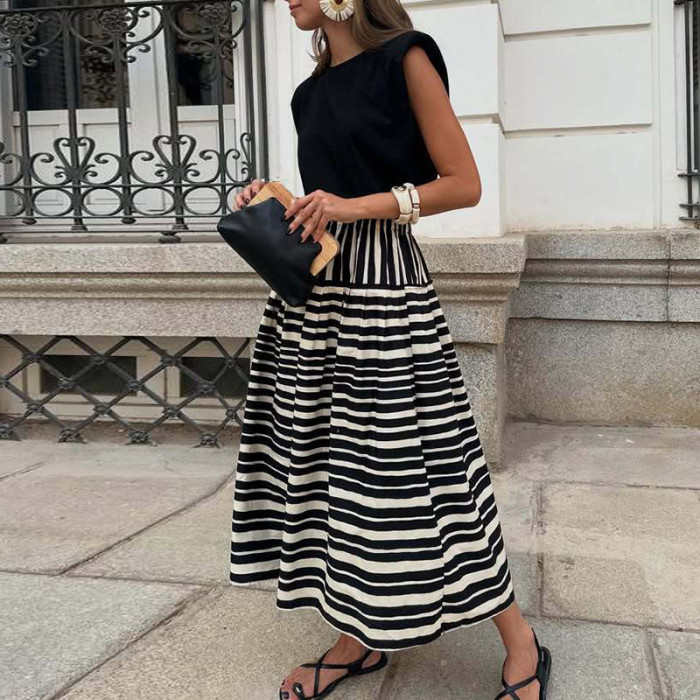 Spring Fall Casual Big Swing Party Skirt Fashion Striped Printed Half Skirt For Women Elegant Hight Waist Draped Bohe Long Skirt