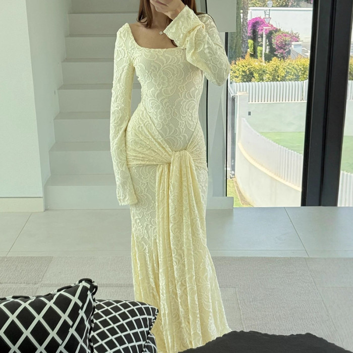 Sexy U Collar Lace Fishtail Backless Dress Elegant Solid Color Slim Evening Party Dress Temperament Long Sleeve Lace Up Dresses