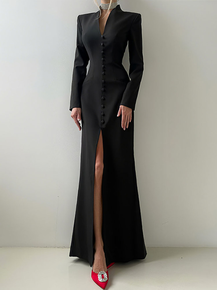 Women Elegant Split Slim Party Dress Sexy V-neck Single Breasted Bodycon Dress Autumn Causal Long Sleeve Solid Color Long Dress