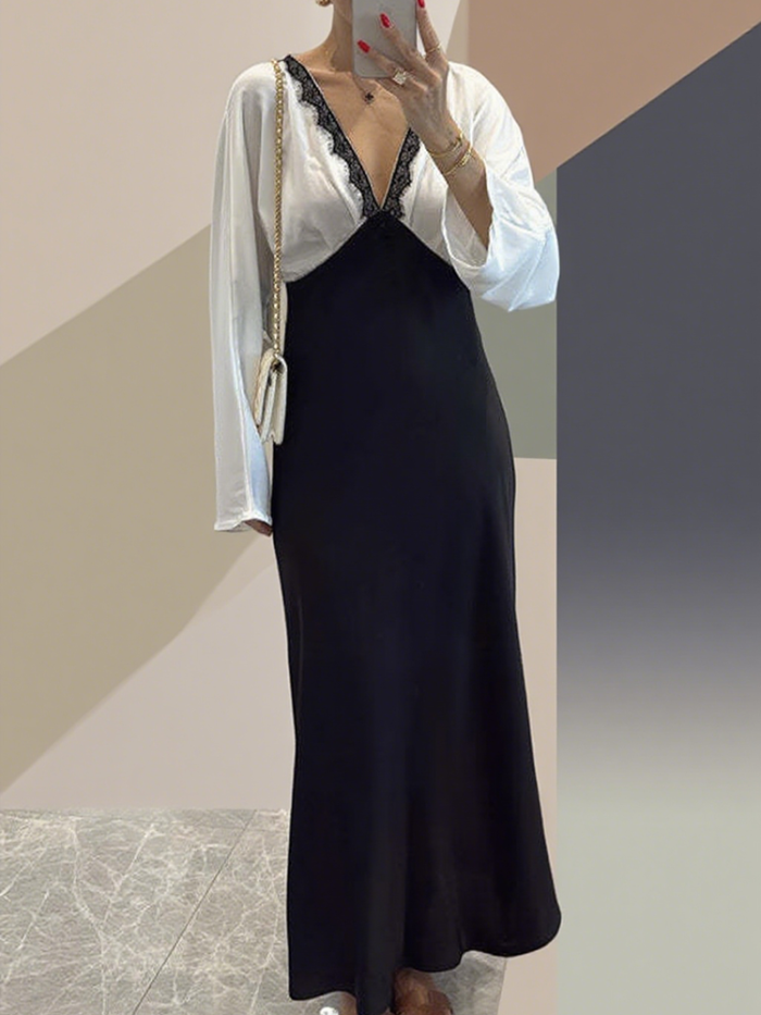 Elegant Satin Long Sleeve Fit Banquet Dress Autumn Women Commute Long Dress Sexy Lace Spliced V-neck Color Blocked Evening Dress