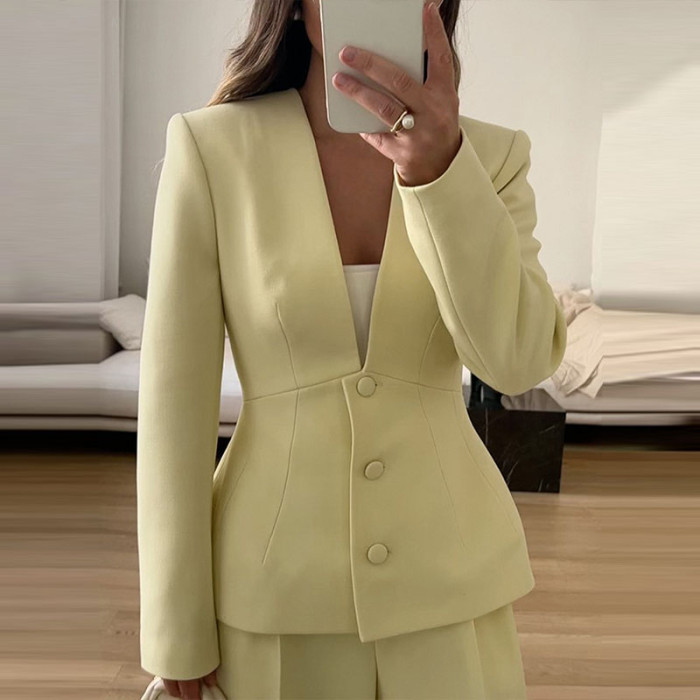 Elegant Solid Color Slim Commute Suits Coat Fashion Women Autumn Simple Outerwear for Women Sexy Deep V Neck Long Sleeve Jacket