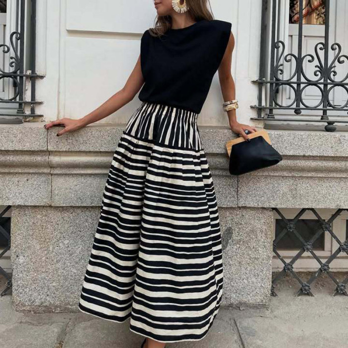 Spring Fall Casual Big Swing Party Skirt Fashion Striped Printed Half Skirt For Women Elegant Hight Waist Draped Bohe Long Skirt