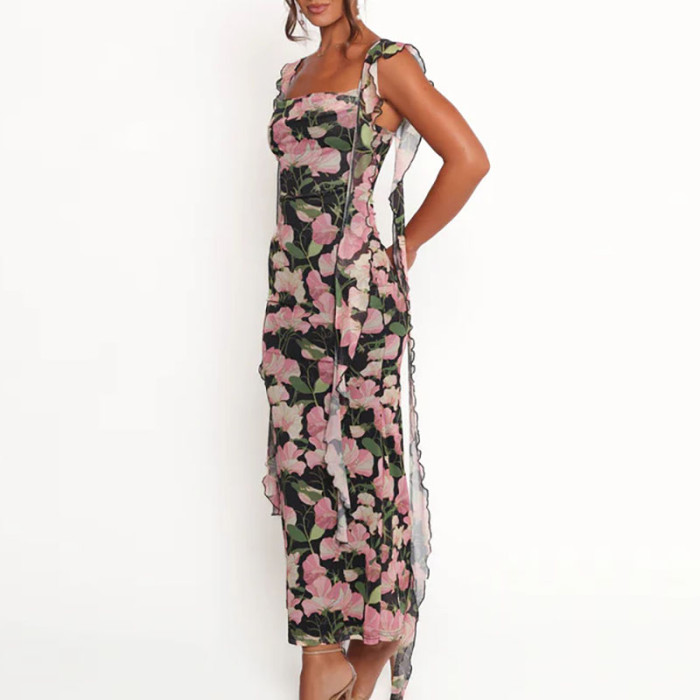 Women Fashion Flower Print Slim Bohemian Dress Casual Sleeveless Hight Waist Maxi Dress Elegant Square Collar Holiday Long Dress