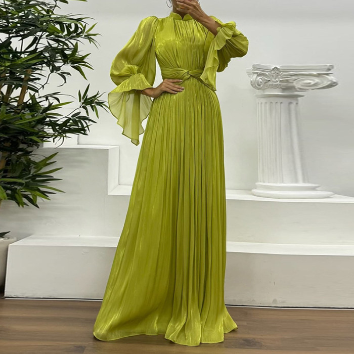 French Style Satin Flare Sleeve Pleat Evening Dress Elegant Lady O-neck High Waist Banquet Dress Casual Simple Solid Color Dress