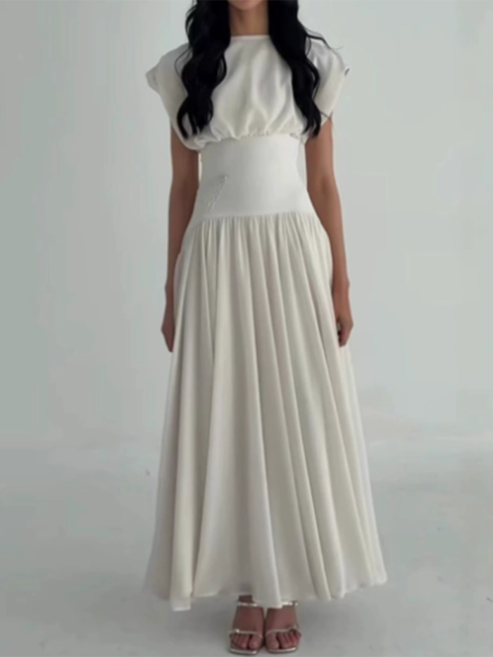 Elegant O-neck Sleeveless Slim Banquet Dress Summer New Chiffon Long Dress for Women Temperament Simple Mesh Pleat Evening Dress