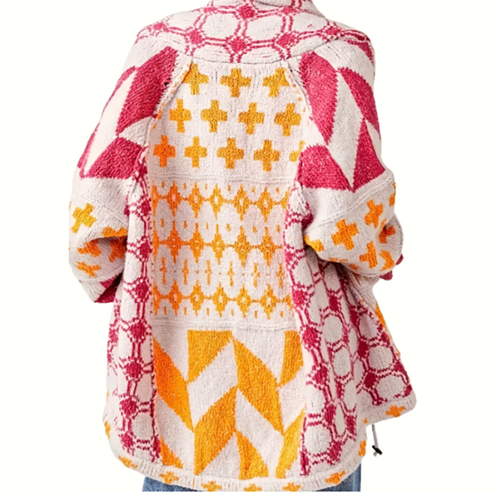 Autumn Elegant Soft Hooded Jacket Women Fashion Pattern Print Loose Short Coats Winter Casual Long Sleeve Pocket Knit Outercoat