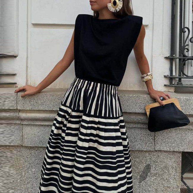 Spring Fall Casual Big Swing Party Skirt Fashion Striped Printed Half Skirt For Women Elegant Hight Waist Draped Bohe Long Skirt