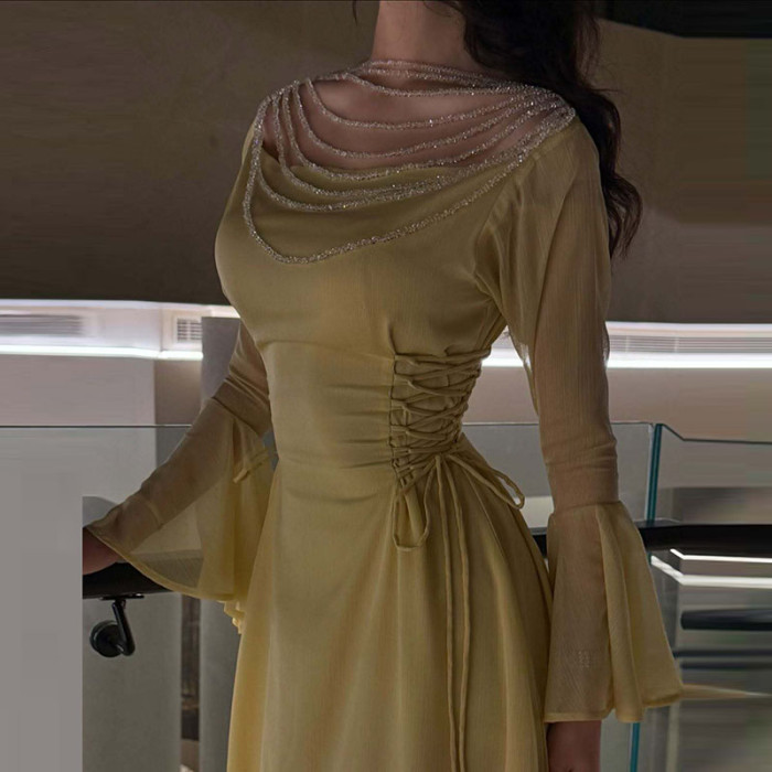 Fashion Skew Collar High Waist Pleat Evening Dress Lady Solid Color Slim Dress Sexy Beading Decoration Long Sleeve Evening Dress