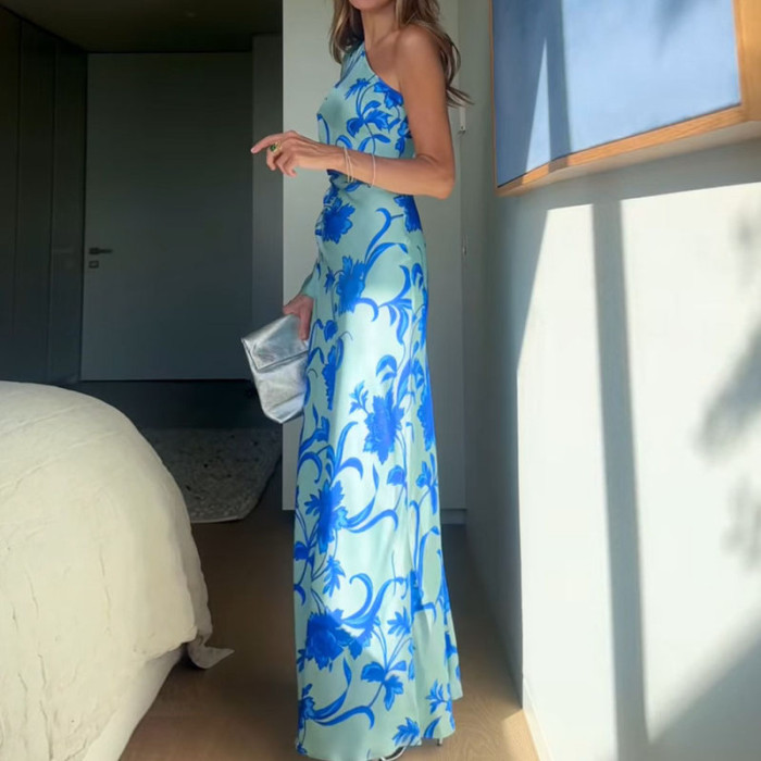 Fashion High Waisted Hollow Bohe Dress Elegant Blue Floral Print Draped Women Dress Sexy Slanted Neck Long Sleeve Holiday Dress