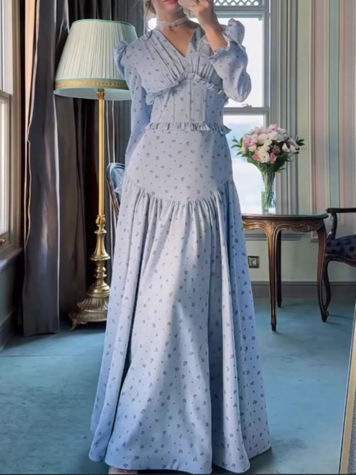 Romantic French Style Floral Print Dress Elegant Long Sleeve Pleated A-line Dress Temperament V-neck Nipped Waist Princess Dress