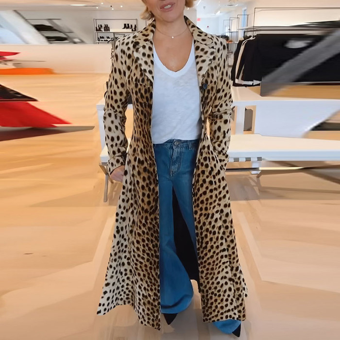 Autumn Winter Casual Loose Windbreaker Fashion Leopard Print Loose Long Jacket Women Elegant Lapel Long Sleeve Outercoats