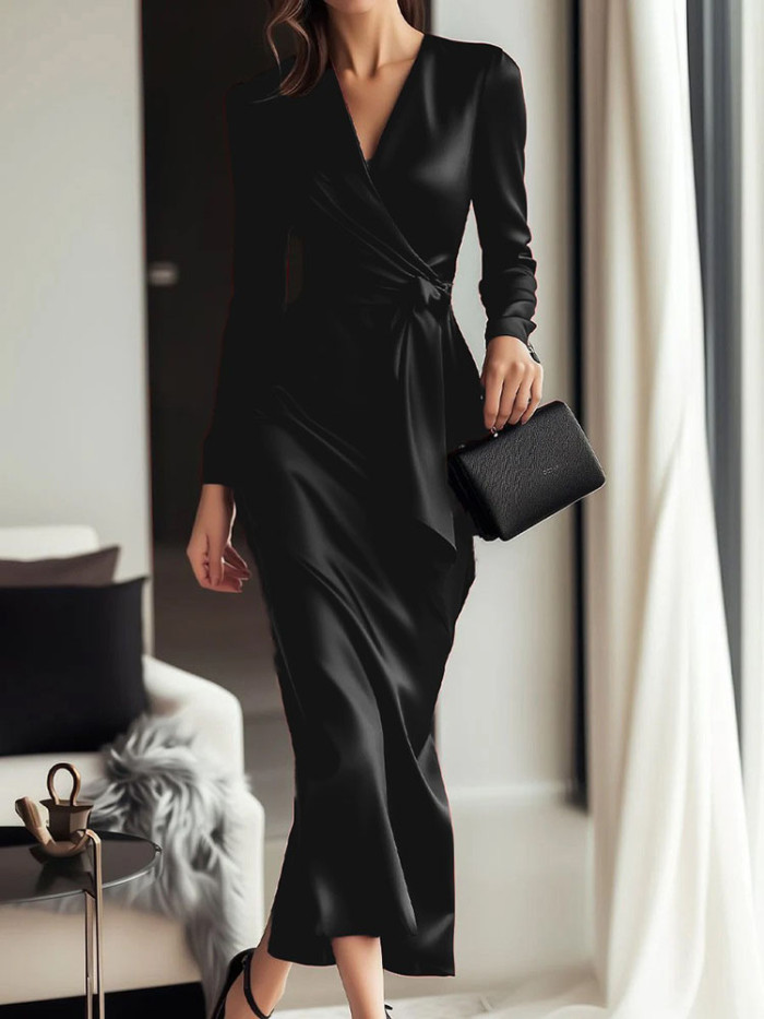 Autumn Women's Sexy V-neck Satin Long Dress Fashion Hight Waist Lace-Up Party Dress Casual Long Sleeve Pleated Solid Maxi Dress