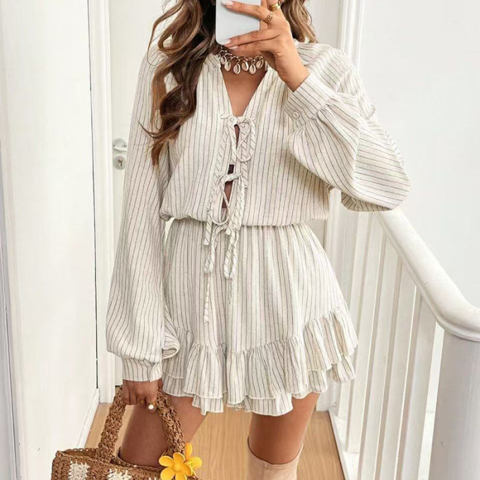 Elegant Lady Simple Loose Commute Mini Dress Leisure Stripe Printed Linen Short Dress Autumn New Long Sleeve V-neck Tie Up Dress