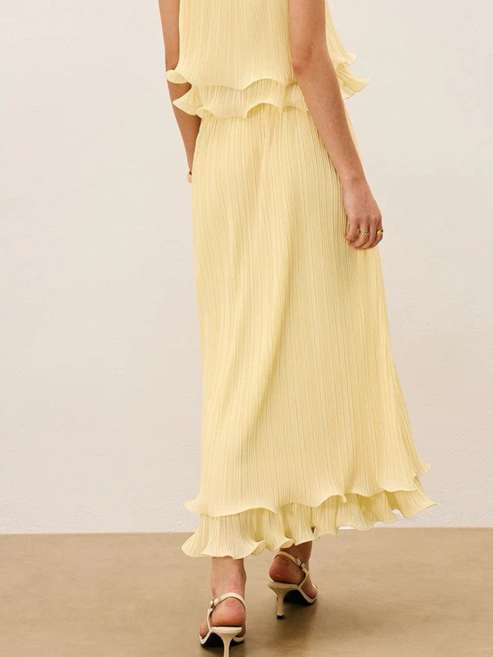 Sexy Off Shoulder Sling Top and Long Skirt Suit Yellow Pleated Slim Fit Party Outfits French Ruffle Design Women Two Piece Set
