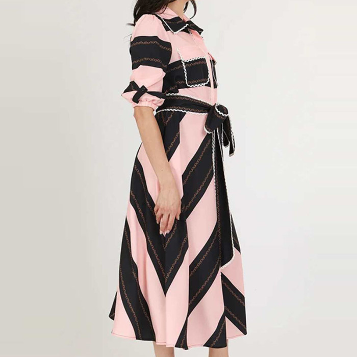 Fashion Striped Splicing Lace-Up Shirt Dress Women Elegant Lapel Collar Commute Party Dress Casual Half Sleeve Pleat Long Dress