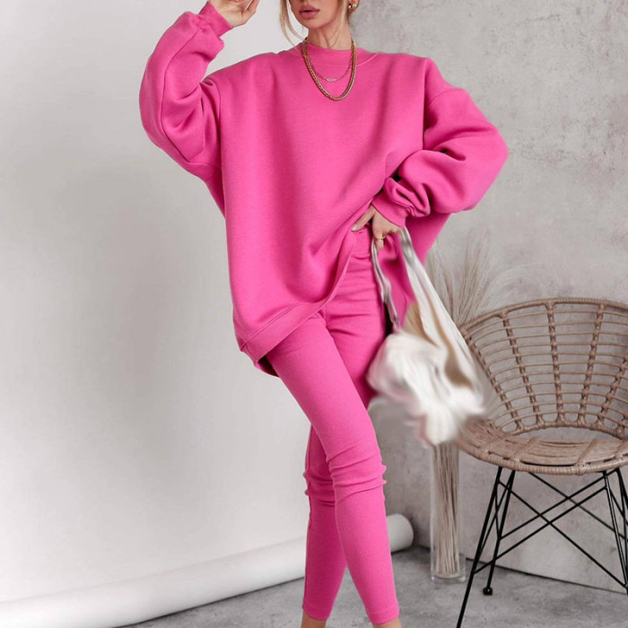 Autumn Winter Solid Color Sportswear Tracksuit Women Casual Round Neck Sweatshirt and Slim Pant Set Long Sleeve 2pcs Suit Outfit