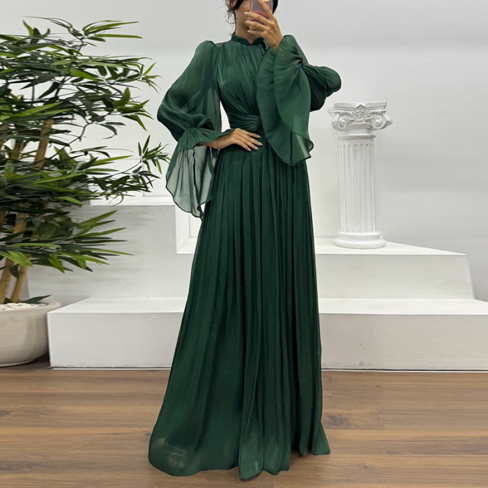 French Style Satin Flare Sleeve Pleat Evening Dress Elegant Lady O-neck High Waist Banquet Dress Casual Simple Solid Color Dress