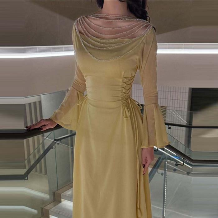 Fashion Skew Collar High Waist Pleat Evening Dress Lady Solid Color Slim Dress Sexy Beading Decoration Long Sleeve Evening Dress