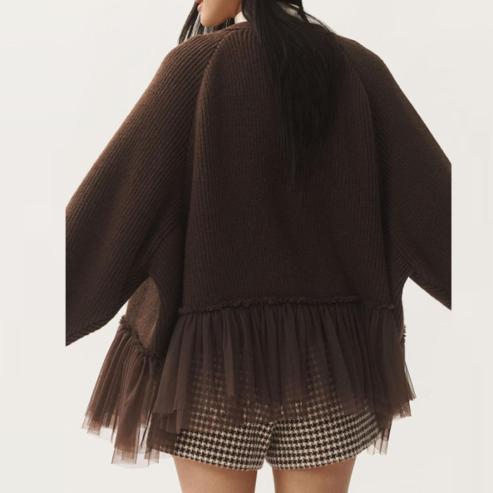 Elegant Casual Commuting Overcoat 2025 Autumn Winter New Lace Hem Knitted Cardigans Ladies Solid Color Loose Warm Sweater Coat