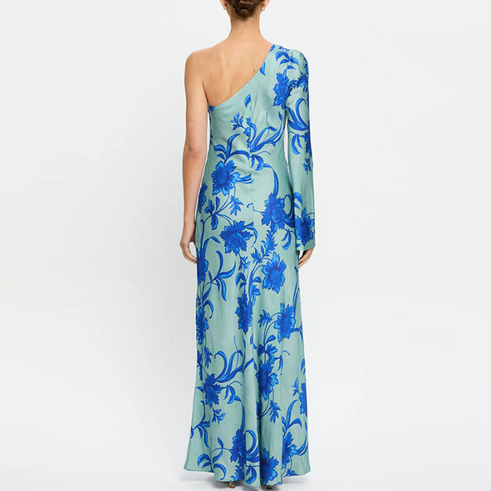 Fashion High Waisted Hollow Bohe Dress Elegant Blue Floral Print Draped Women Dress Sexy Slanted Neck Long Sleeve Holiday Dress