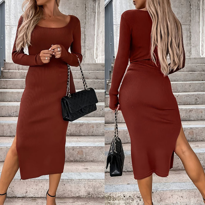Autumn Winter Elegant Rib Long Dress Women Fashion U-neck Hight Waist Wrap Hip Dress Casual Long Sleeve Split Solid Party Dress