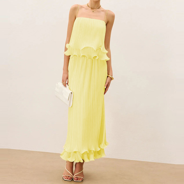 Sexy Off Shoulder Sling Top and Long Skirt Suit Yellow Pleated Slim Fit Party Outfits French Ruffle Design Women Two Piece Set