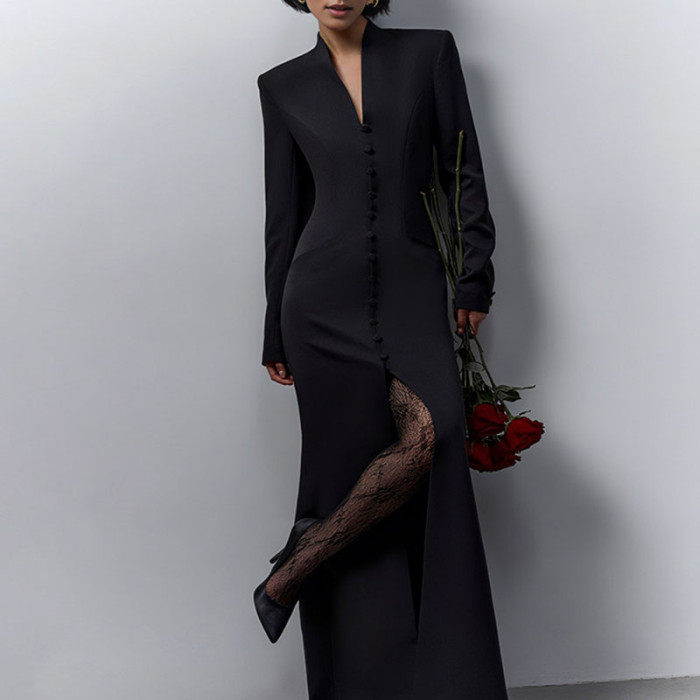 Women Elegant Split Slim Party Dress Sexy V-neck Single Breasted Bodycon Dress Autumn Causal Long Sleeve Solid Color Long Dress