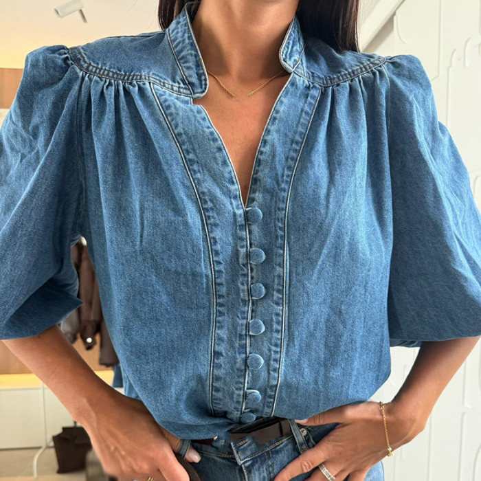 Elegant V-neck Loose Women's Denim Blouse Fashion Simple Commute Top for Women Casual Single Breasted Lantern Long Sleeve Shirts