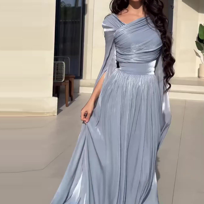 Autumn New Women Chic Banquet Long Dress Elegant High Waist Chiffon Dress Fashion Flare Sleeve Solid Color Pleated Evening Dress