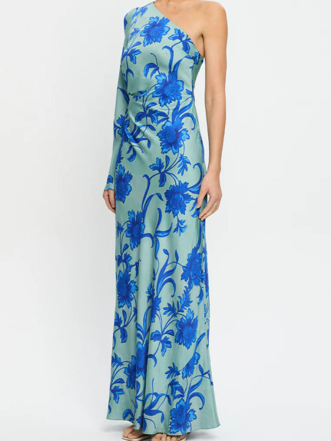 Fashion High Waisted Hollow Bohe Dress Elegant Blue Floral Print Draped Women Dress Sexy Slanted Neck Long Sleeve Holiday Dress