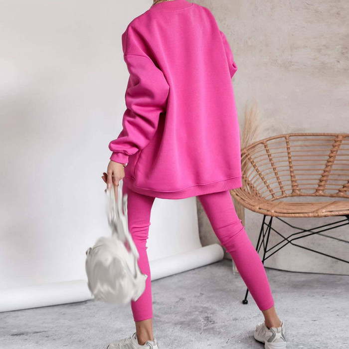 Autumn Winter Solid Color Sportswear Tracksuit Women Casual Round Neck Sweatshirt and Slim Pant Set Long Sleeve 2pcs Suit Outfit