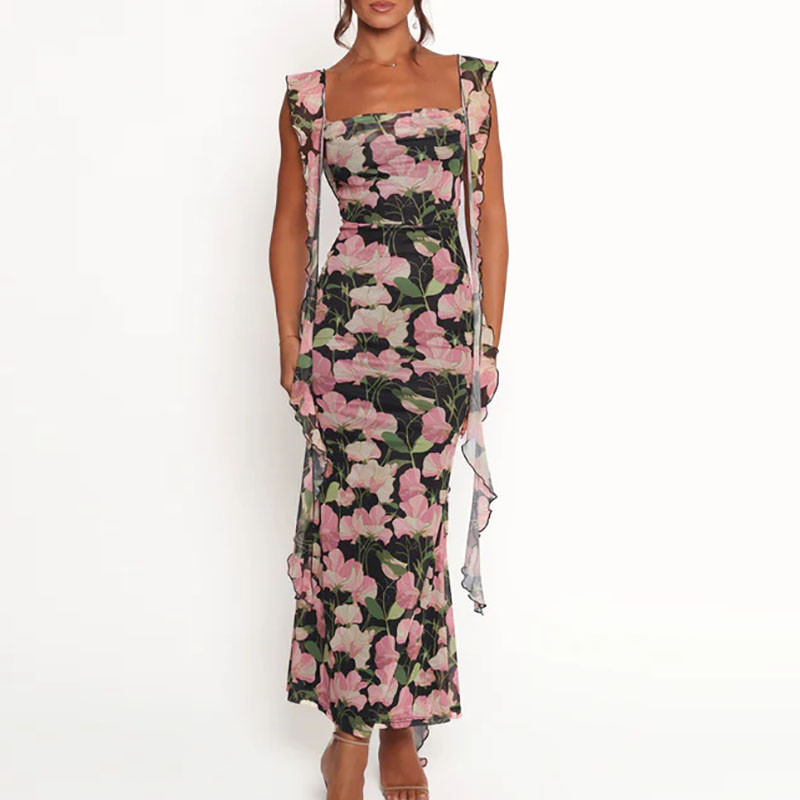 Women Fashion Flower Print Slim Bohemian Dress Casual Sleeveless Hight Waist Maxi Dress Elegant Square Collar Holiday Long Dress