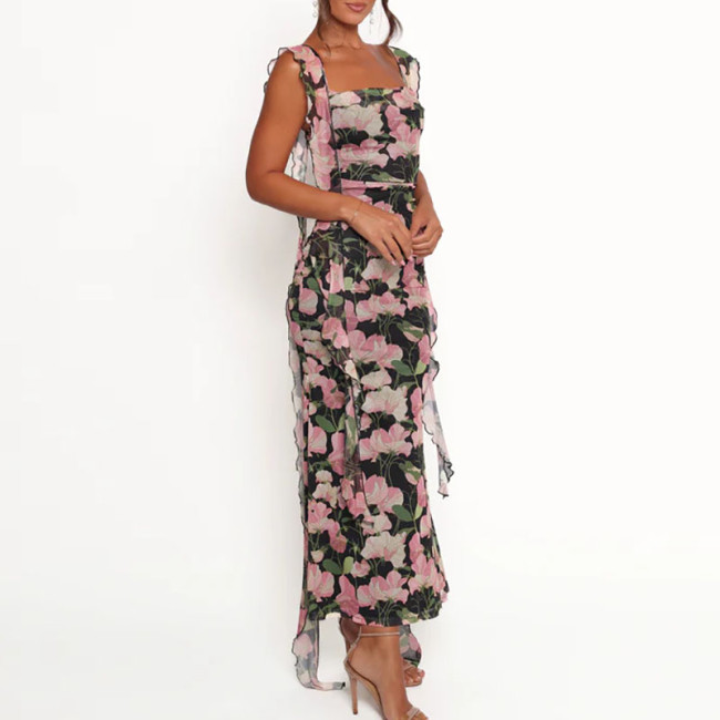 Women Fashion Flower Print Slim Bohemian Dress Casual Sleeveless Hight Waist Maxi Dress Elegant Square Collar Holiday Long Dress