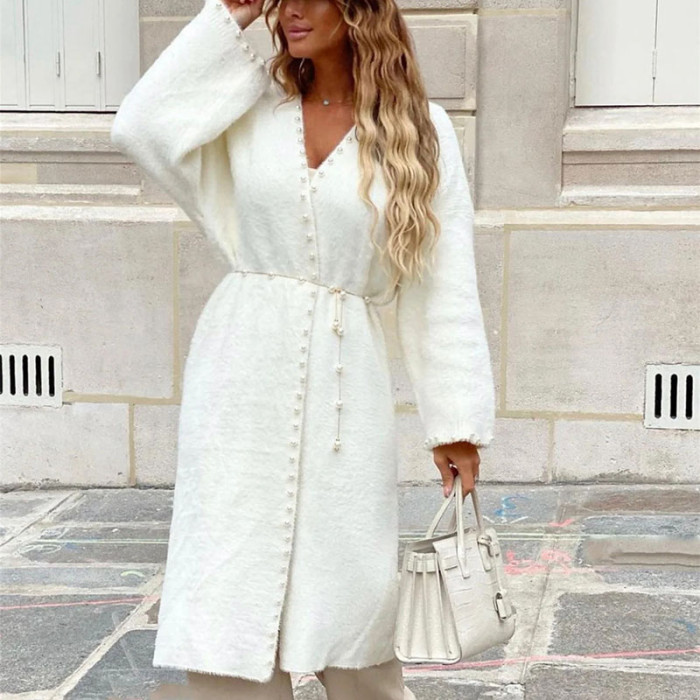 Elegant Beaded Mink Fleece Long Cardigan Autumn Winter Casual Long Sleeve Loose Design  Outercoat Women Fashion Solid Knit Coat