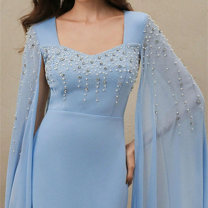 Elegant V-neck Chiffon Evening Dress Women Fashion Beaded Rhinestones Slim Long Dress Sexy Split Long Sleeve Solid Party Dress