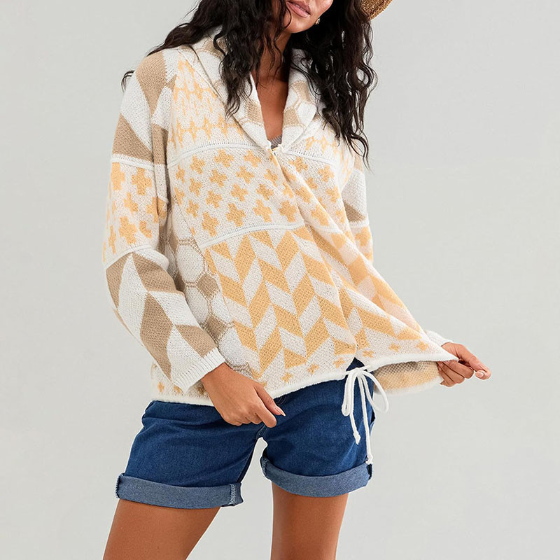 Autumn Elegant Soft Hooded Jacket Women Fashion Pattern Print Loose Short Coats Winter Casual Long Sleeve Pocket Knit Outercoat