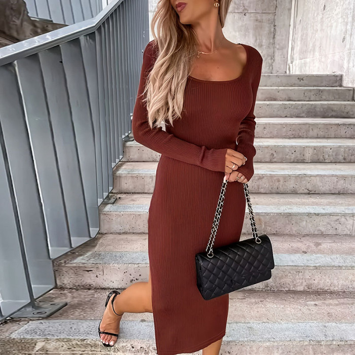 Autumn Winter Elegant Rib Long Dress Women Fashion U-neck Hight Waist Wrap Hip Dress Casual Long Sleeve Split Solid Party Dress