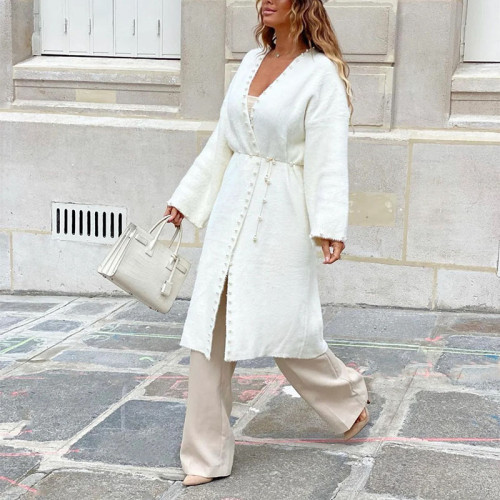 Elegant Beaded Mink Fleece Long Cardigan Autumn Winter Casual Long Sleeve Loose Design  Outercoat Women Fashion Solid Knit Coat