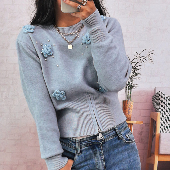 Fashion Dimensional Flower Pearl Pullover Jumper Women Casual Long Sleeve Slim Knitted Tops Elegant Round Neck Commuter Sweater