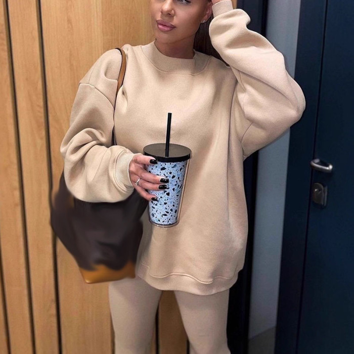 Autumn Winter Solid Color Sportswear Tracksuit Women Casual Round Neck Sweatshirt and Slim Pant Set Long Sleeve 2pcs Suit Outfit