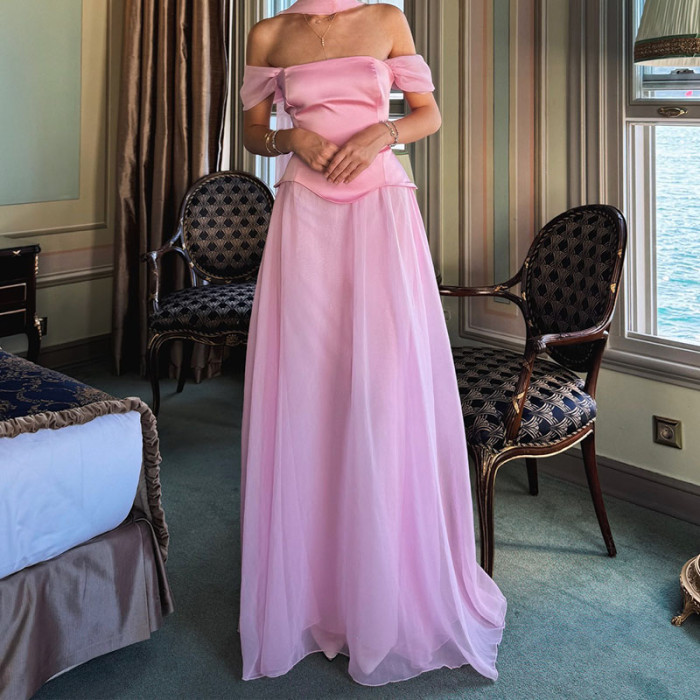 French Style Elegant Satin Spliced Mesh Dress Elegant Tube Top Sleeveless Pleat Evening Dress Sexy Backless Ribbon Women's Dress