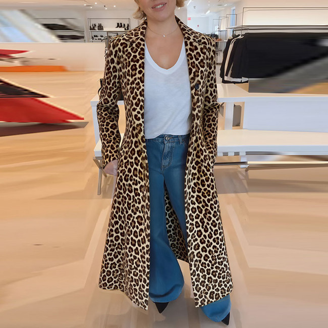 Autumn Winter Casual Loose Windbreaker Fashion Leopard Print Loose Long Jacket Women Elegant Lapel Long Sleeve Outercoats