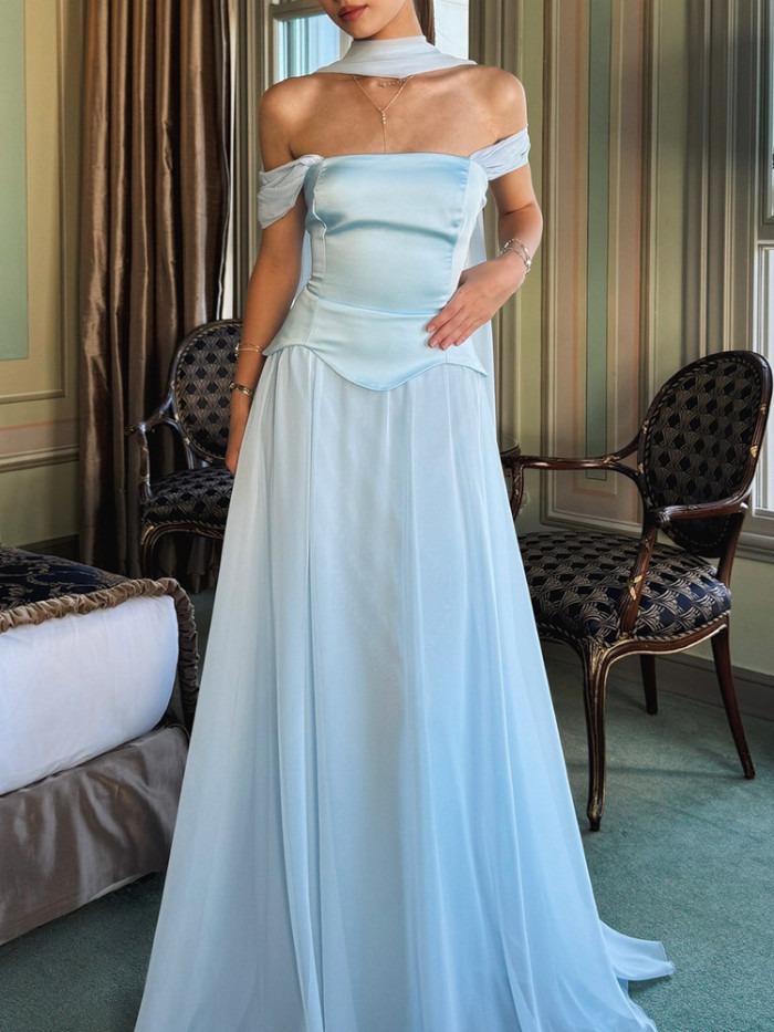 French Style Elegant Satin Spliced Mesh Dress Elegant Tube Top Sleeveless Pleat Evening Dress Sexy Backless Ribbon Women's Dress