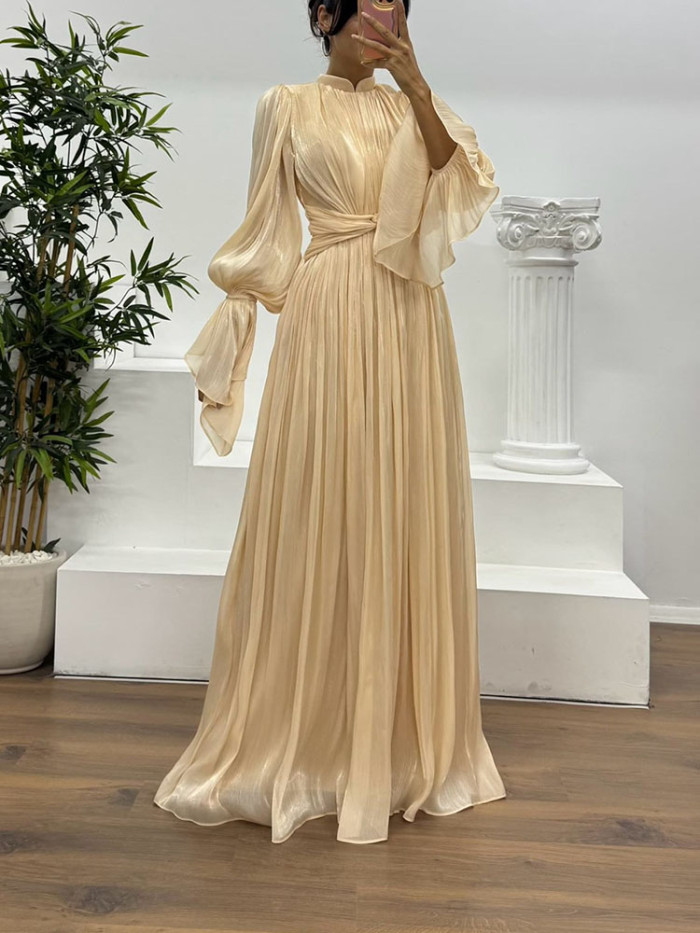 French Style Satin Flare Sleeve Pleat Evening Dress Elegant Lady O-neck High Waist Banquet Dress Casual Simple Solid Color Dress