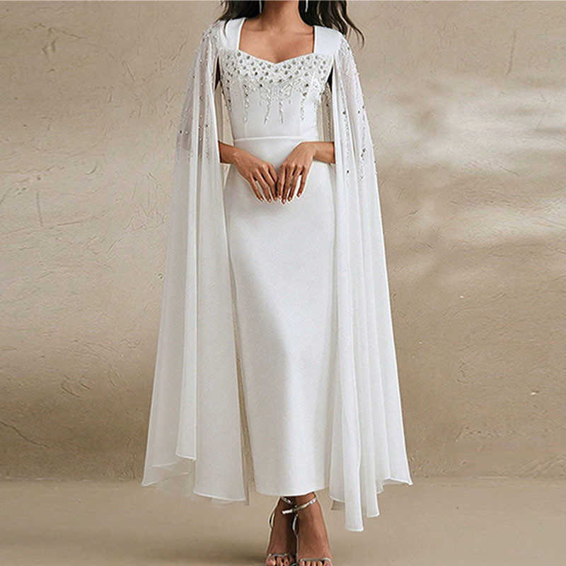 Elegant V-neck Chiffon Evening Dress Women Fashion Beaded Rhinestones Slim Long Dress Sexy Split Long Sleeve Solid Party Dress