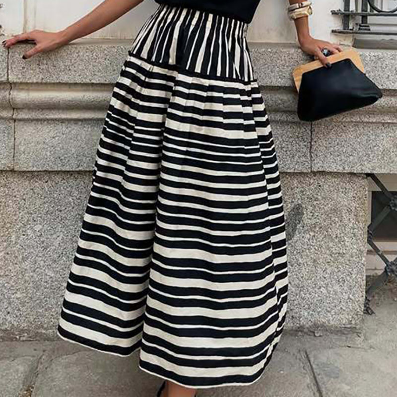 Spring Fall Casual Big Swing Party Skirt Fashion Striped Printed Half Skirt For Women Elegant Hight Waist Draped Bohe Long Skirt